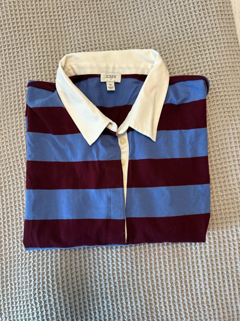 J. Crew Blue & Burgundy Striped Rugby Polo with Cream Collar